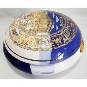 Vtg Greece Trinket Dish w/Lid With 24k Gold Parthenon & Classic Greek Meander De